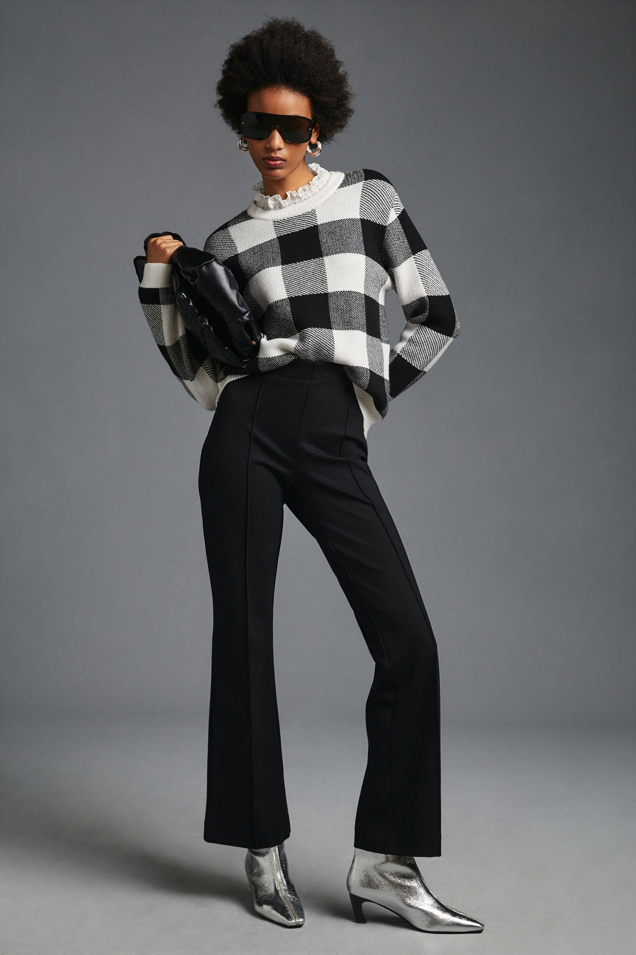 English Factory Plaid Ruffle-Collar Pullover