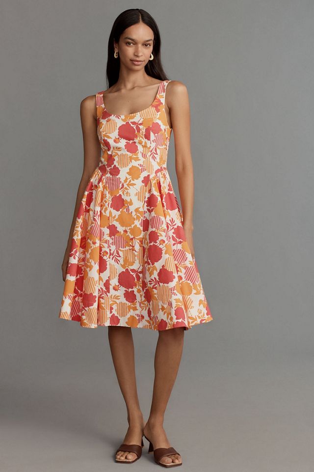 Sleeveless Scoop-Neck Basque-Waist Midi Dress #1