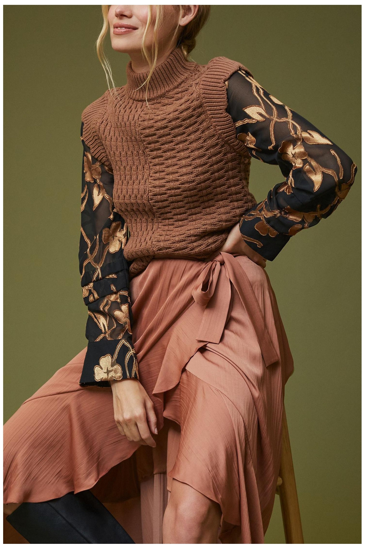 Current Air Floral Contrast Turtleneck Top