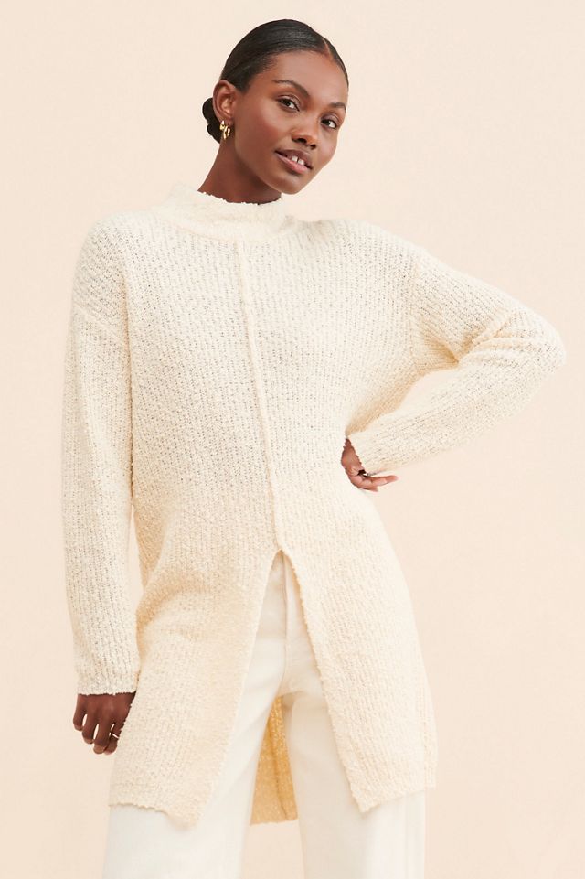 Flat White Turtleneck Tunic Slit Sweater #3