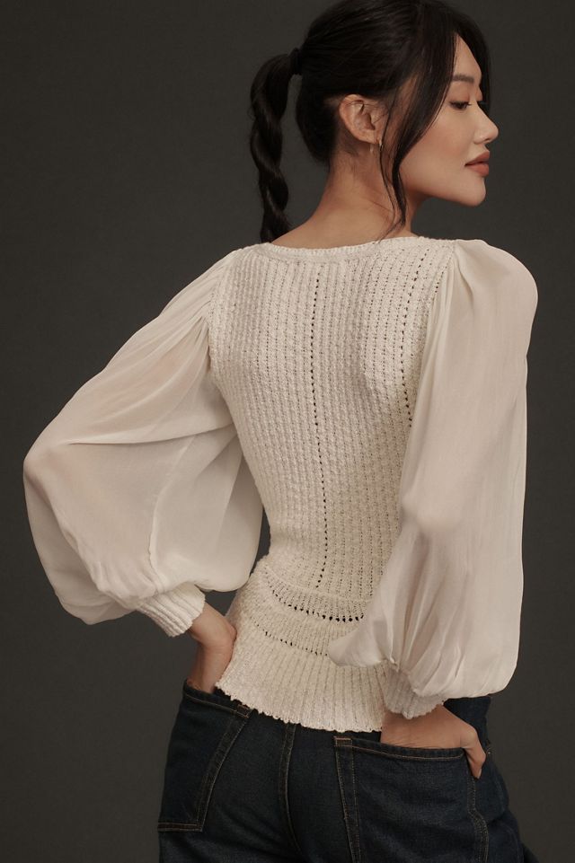 Sheer Long-Sleeve V-Neck Sweater #3