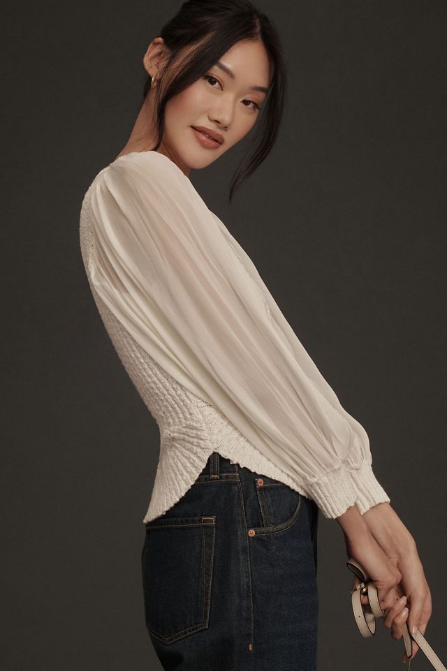 Sheer Long-Sleeve V-Neck Sweater #1