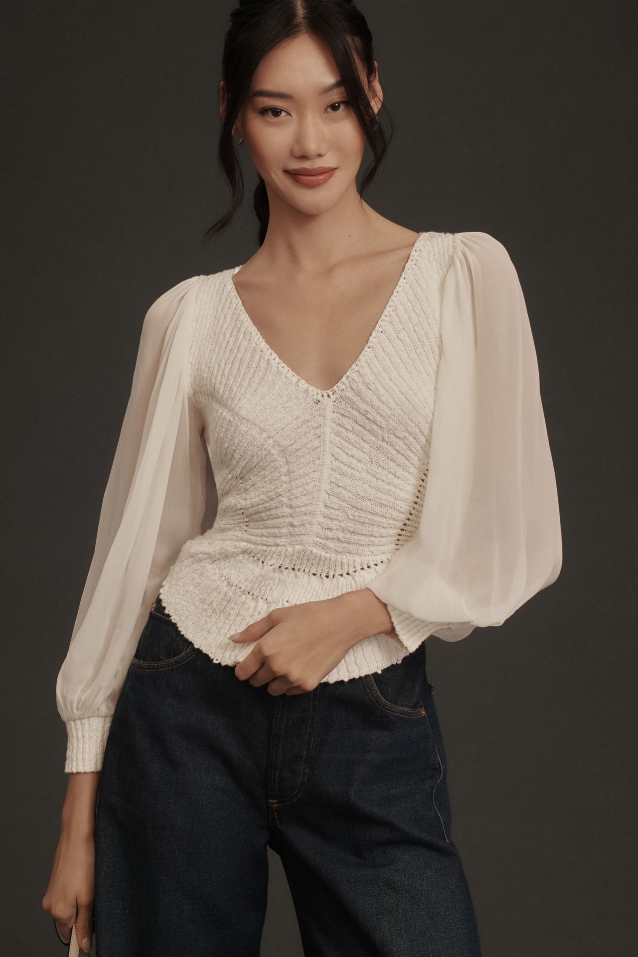 Sheer Long-Sleeve V-Neck Sweater