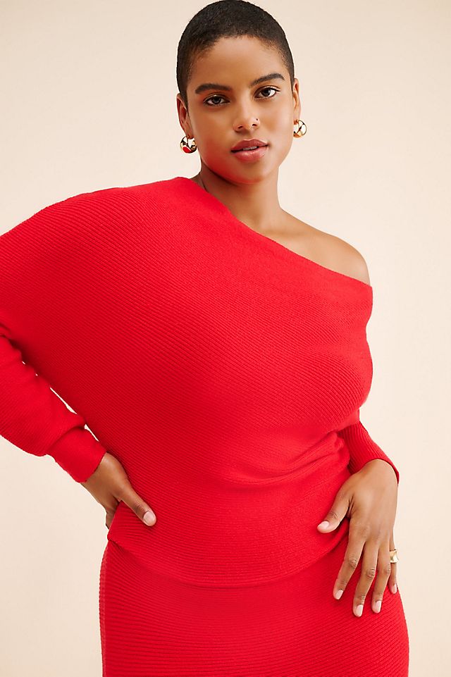 plus size off the shoulder sweater dress Long Sleeve Shoulder, Bellina Off Midi in Red, Size 1X, This plus size dress features a soft Eloquii One Shoulder Sweater Maxi