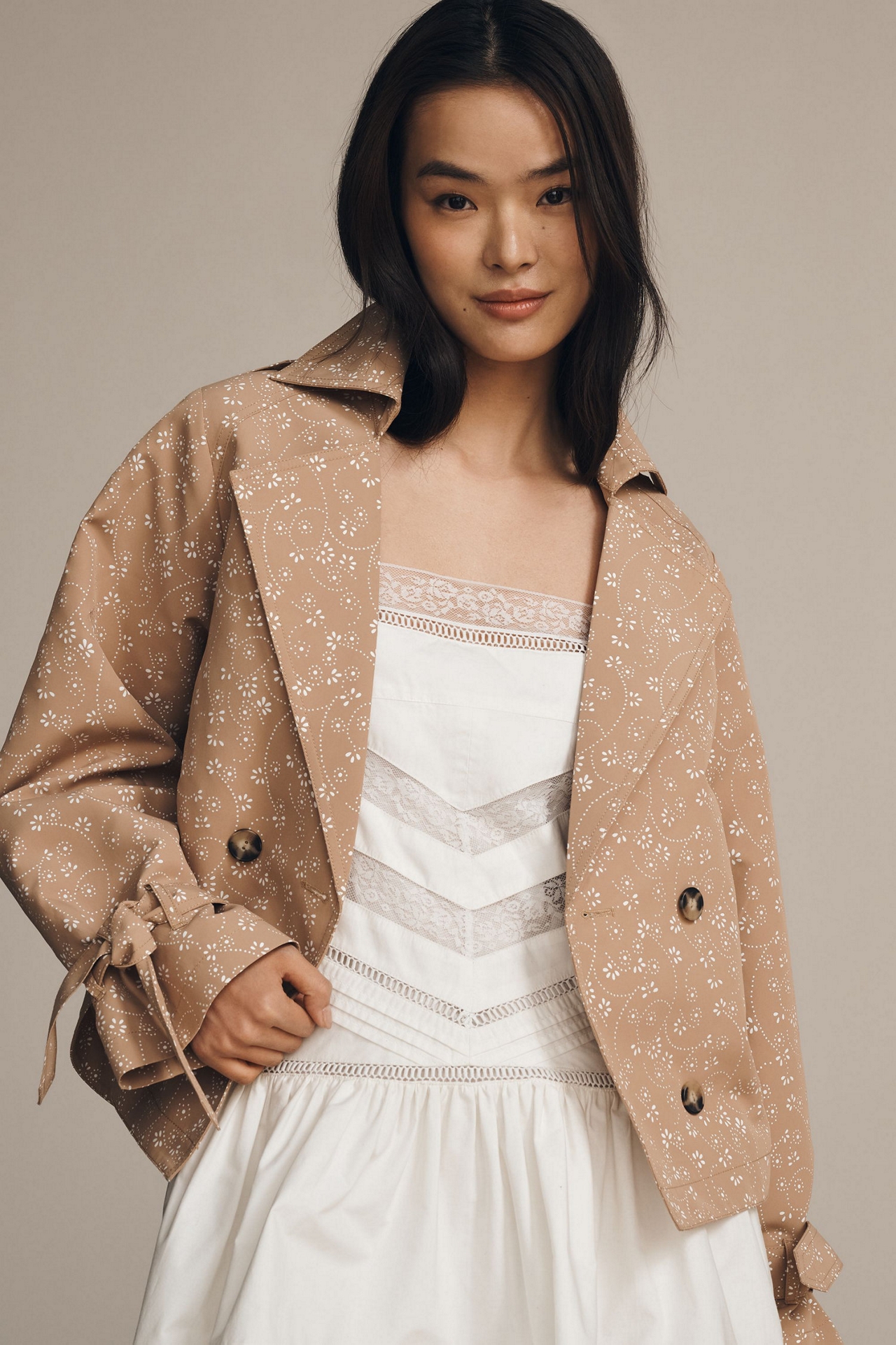 Floral Cutwork Cropped Trench Jacket