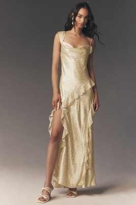 chinese dress ladies Valerie Lemon Satin Asymmetric-Neck Maxi Dress With Bow Detail  Club L  London