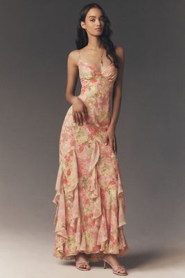 For Love & Lemons Ophelia Floral Satin Corset Maxi Slip Dress