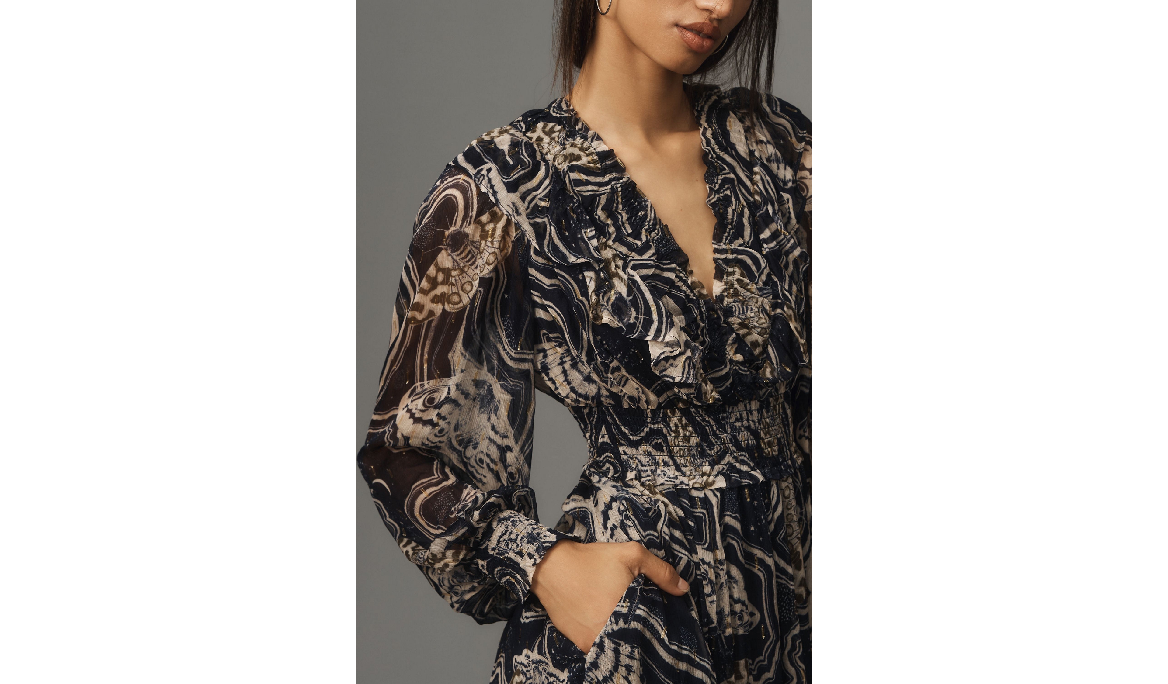 Printer Johnson Long-Sleeve V-Neck Textured Midi Dress