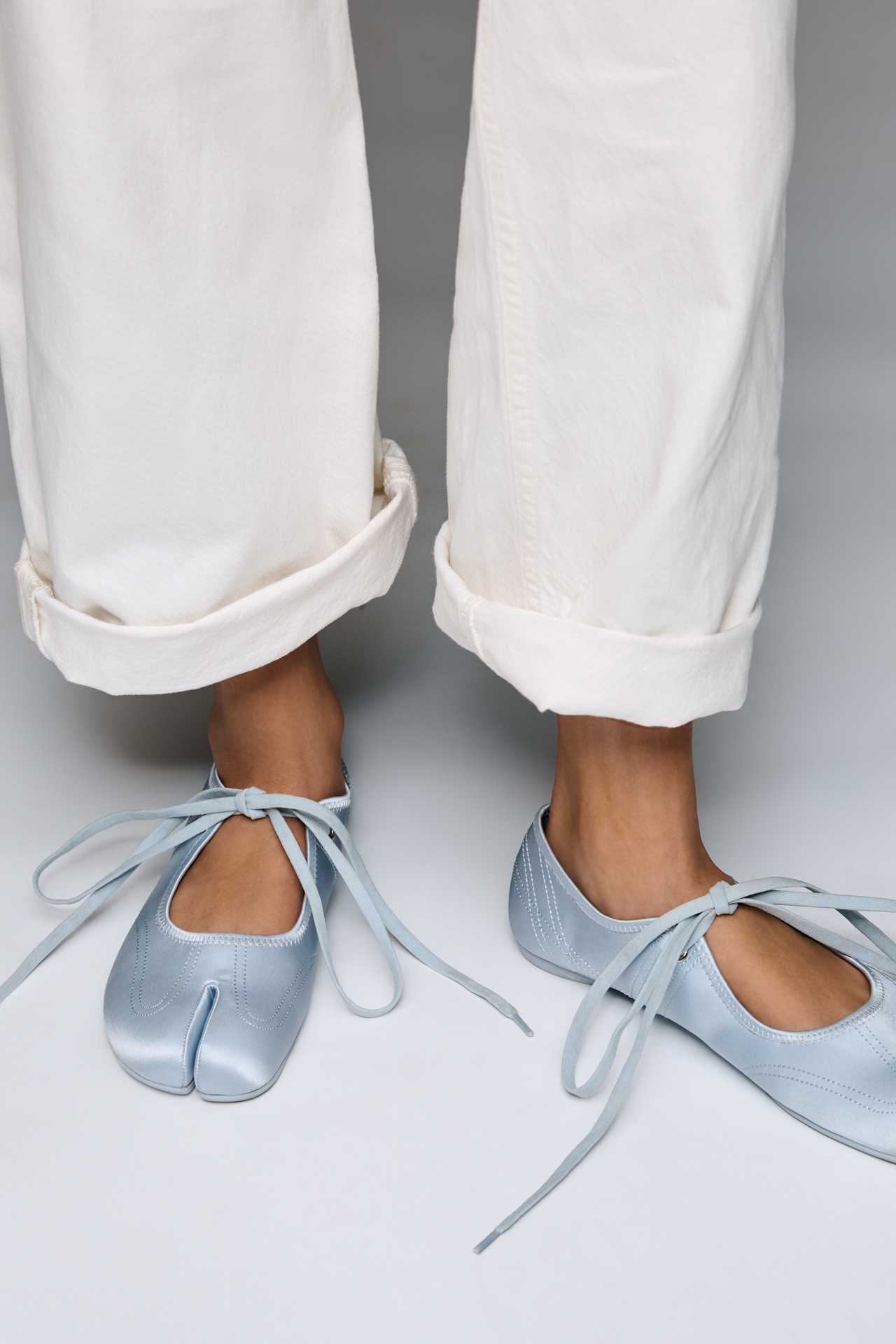 Jeffrey Campbell Saturna Satin Split-Toe Lace-Up Flats