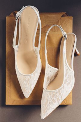 Black Suede Studio Maise Lace Pointed-Toe Slingback Heels