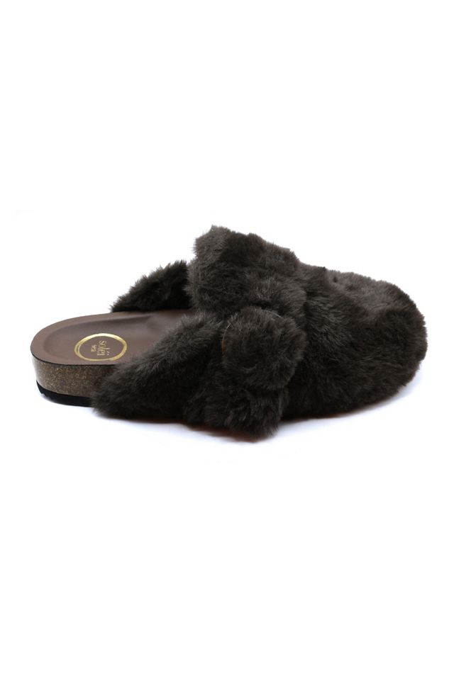 billlie ムンスア ペンコン ポラロイド Solei Sea Aspen Faux Fur Buckle Slippers | Anthropologie