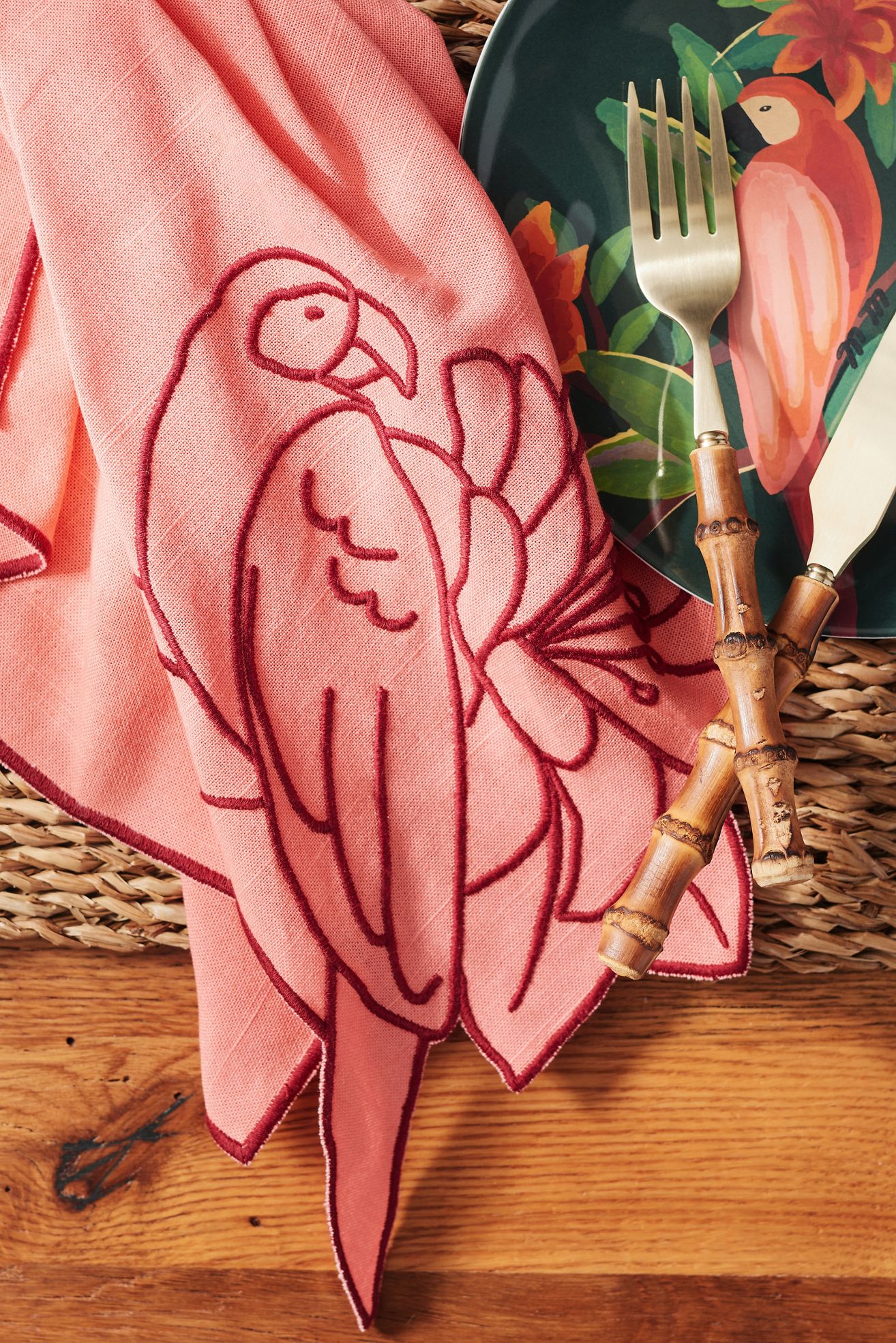 Farm Rio x Anthropologie Embroidered Napkin, Set of 2 - Pink Parrot, Set Of 2