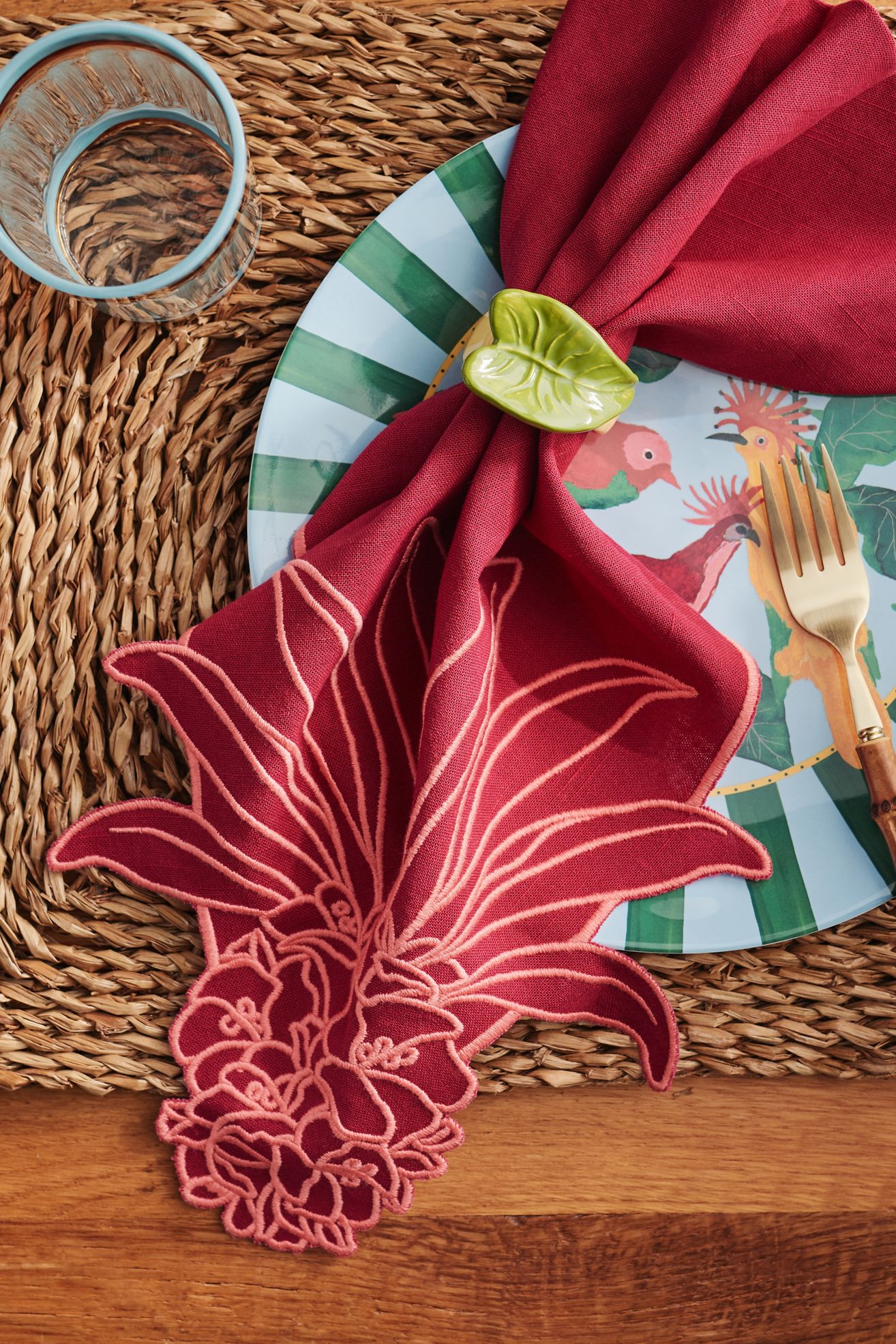 Farm Rio x Anthropologie Embroidered Napkin, Set of 2 - Red Berry, Set Of 2