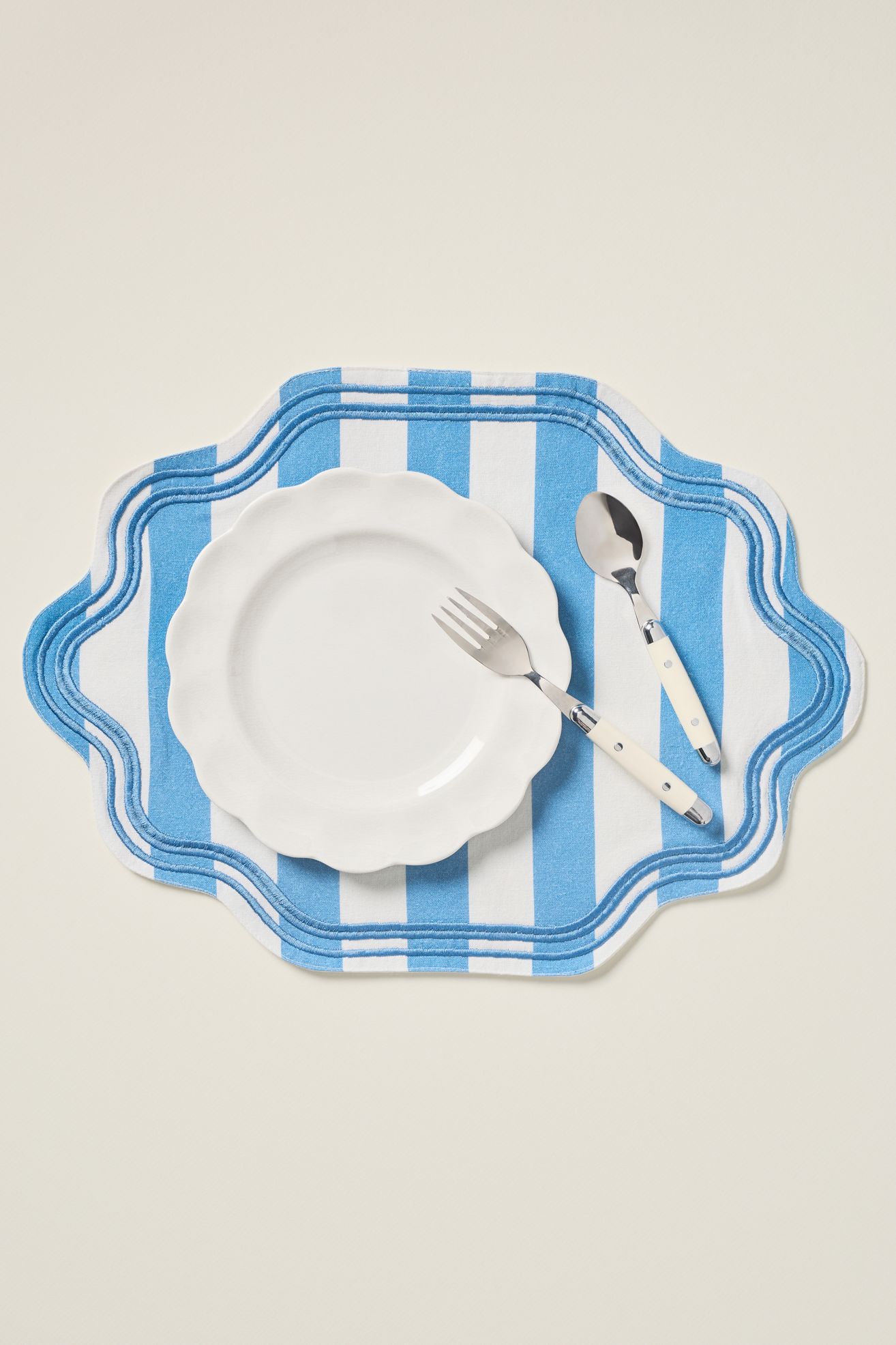 Madeline Embroidered Striped Placemat - Ocean Blue, One Size