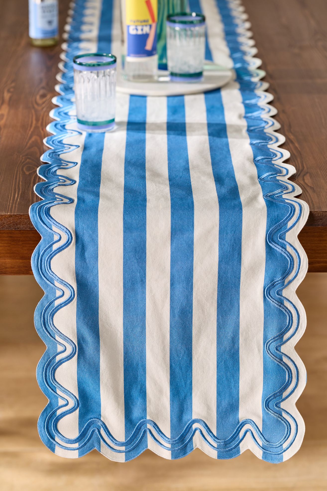 Madeline Embroidered Striped Table Runner - Ocean Blue, One Size