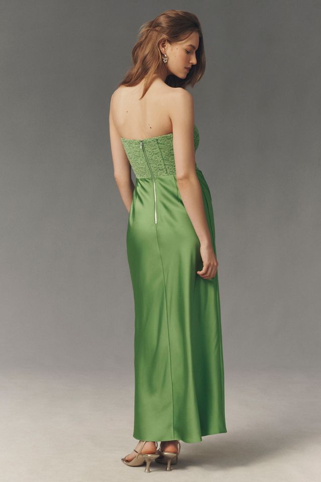 green pakistani bridal dresses Green Strapless Crepe Dress With 3D Flower Detail