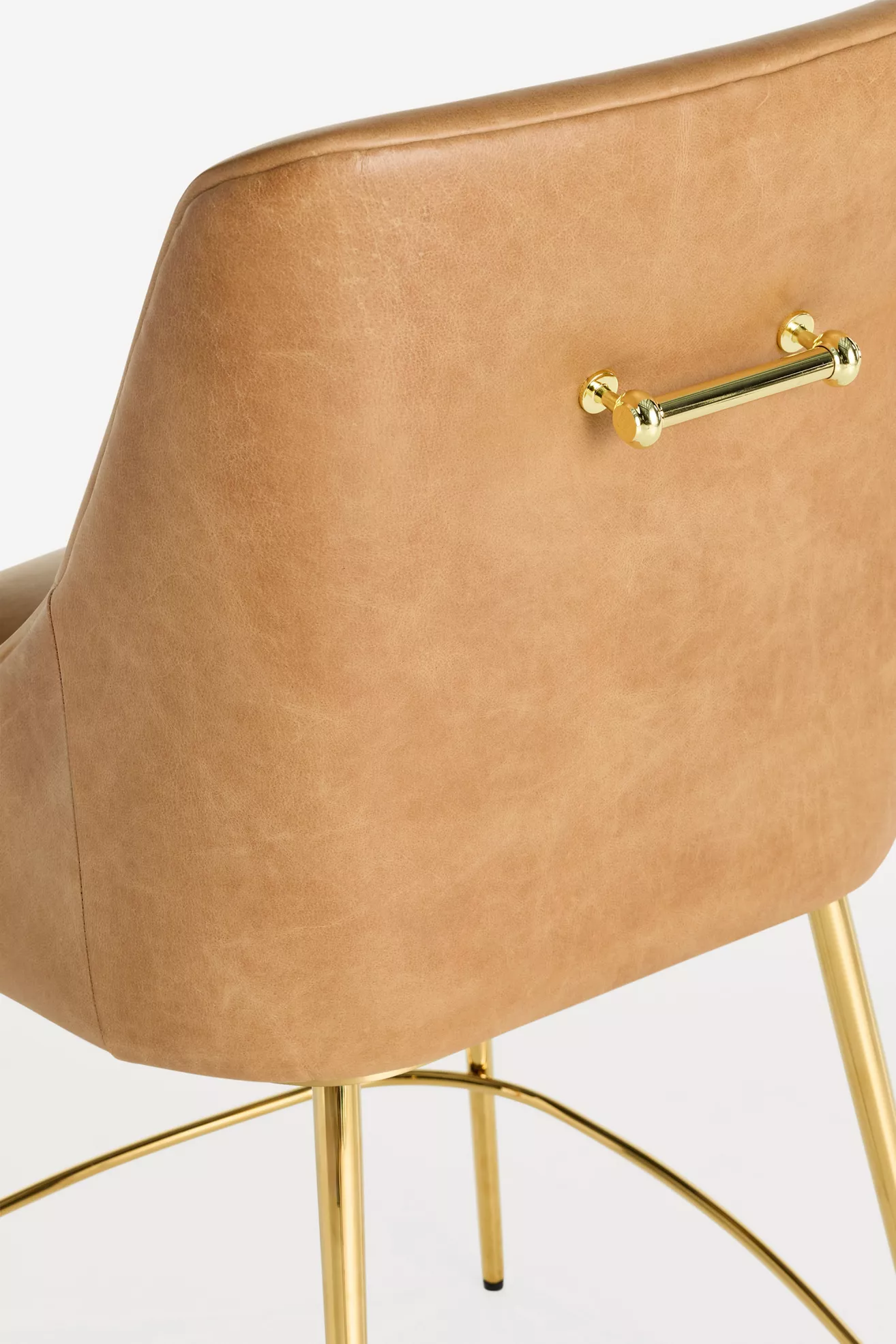 Close-up of leather upholstery and gold bar on backrest