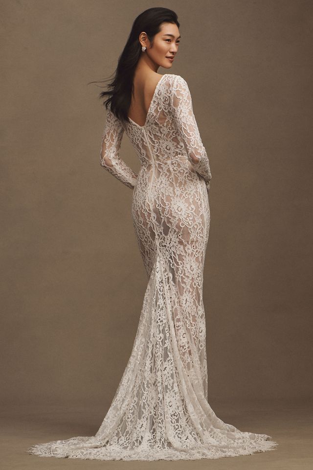 Bronx and Banco Colette Blanc Lace Long-Sleeve Mermaid Wedding Gown