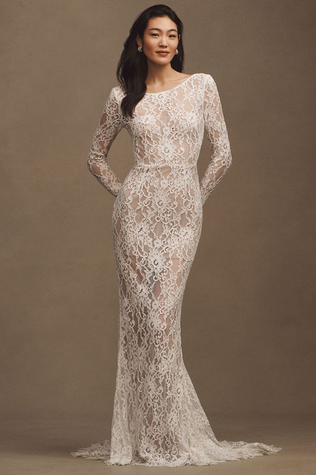 Bronx and Banco Colette Blanc Lace Long-Sleeve Mermaid Wedding