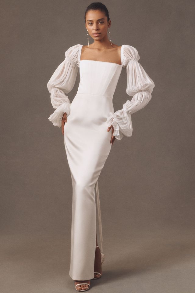 Bronx and Banco Florentina Blanc Long-Sleeve Column Wedding Gown