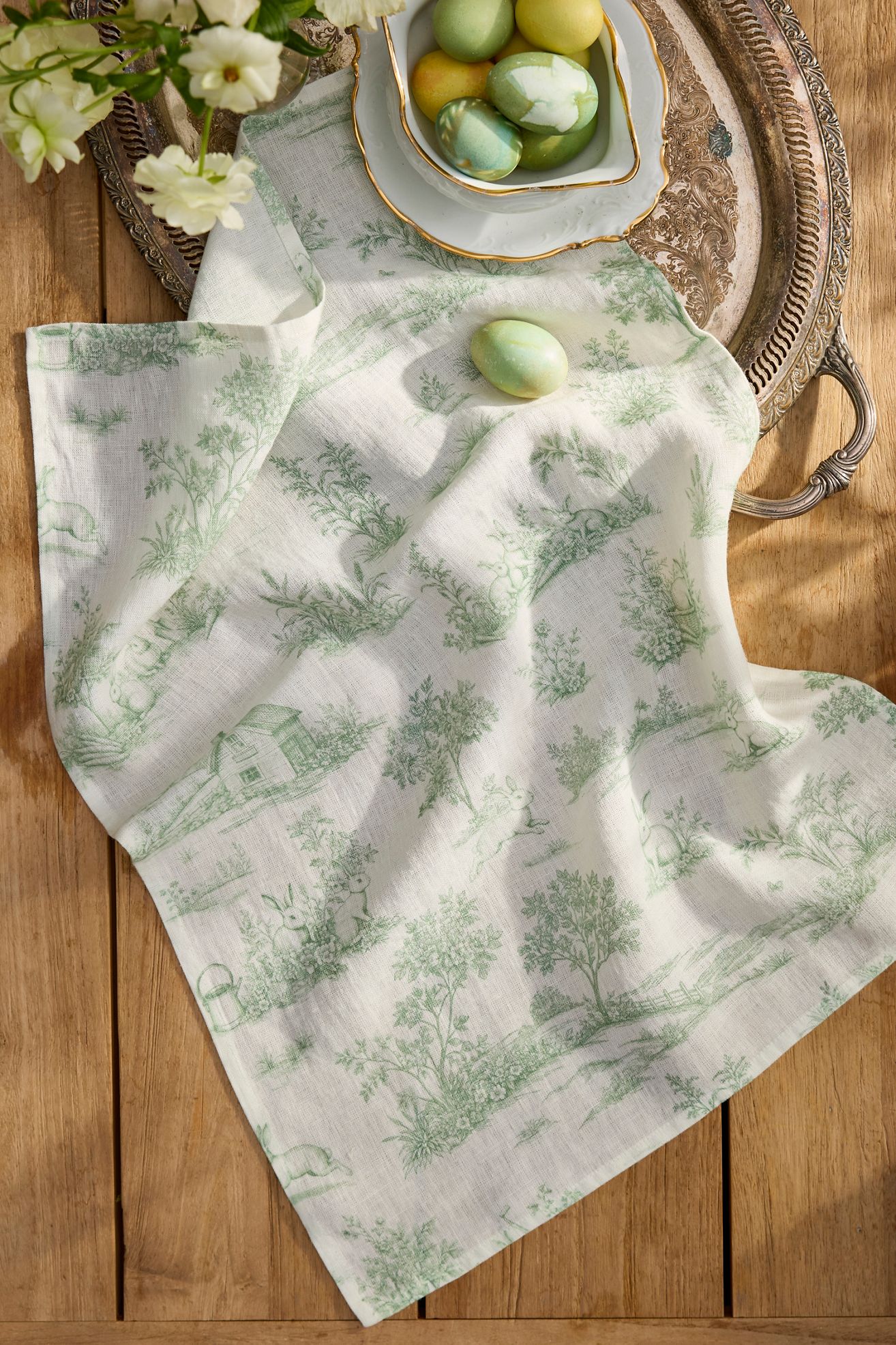 Bunny Toile Linen Dish Towel - Light Green, One Size