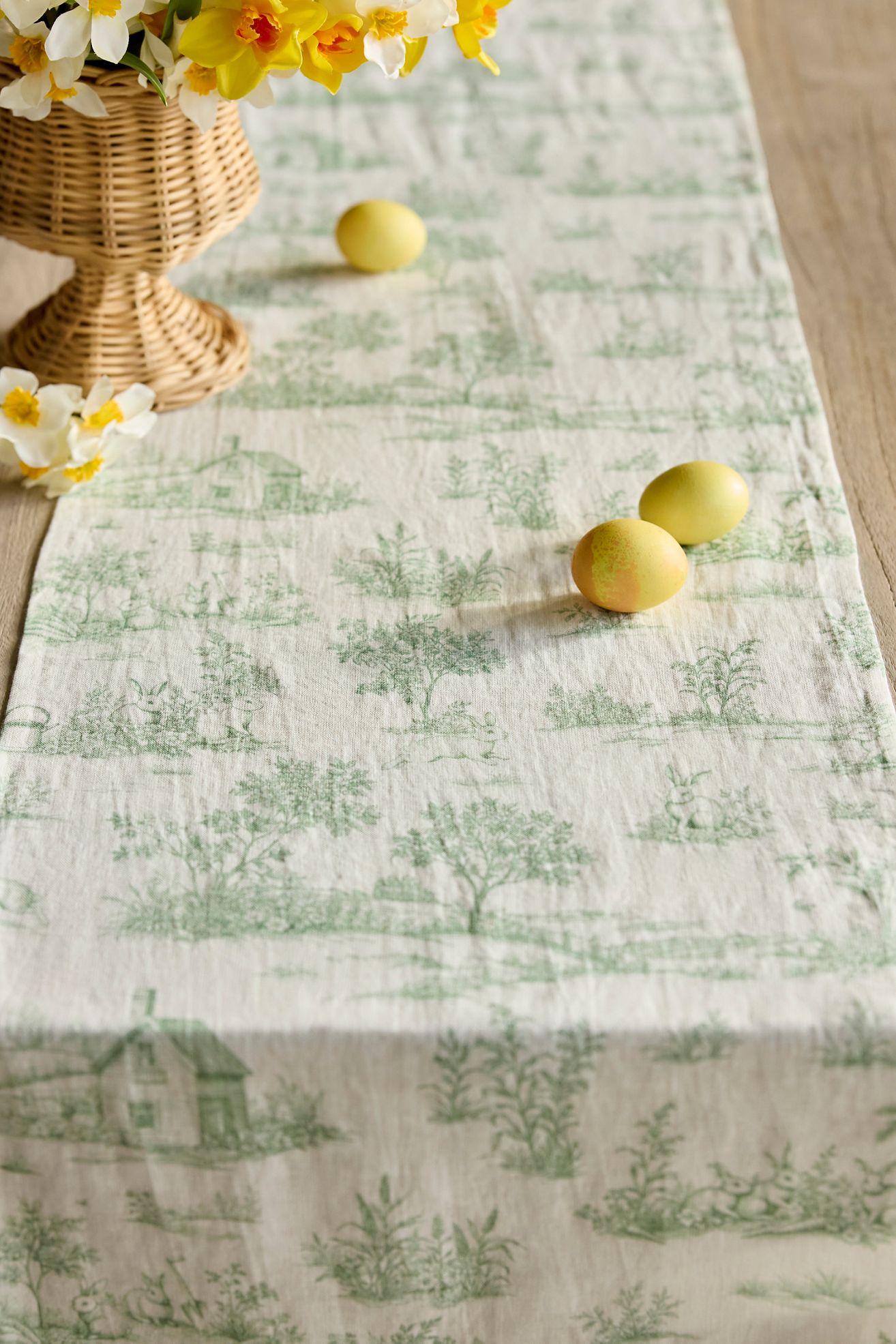 Bunny Toile Linen Runner - Light Green, Standard, One Size