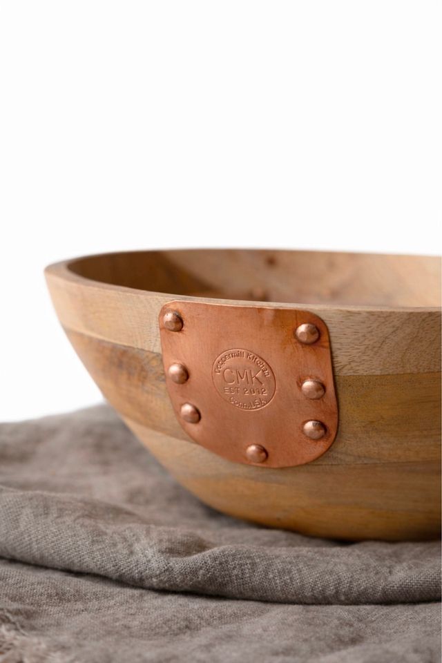 Coppermill Kitchen Vintage Inspired Wooden Serving Bowl with Copper Details #1