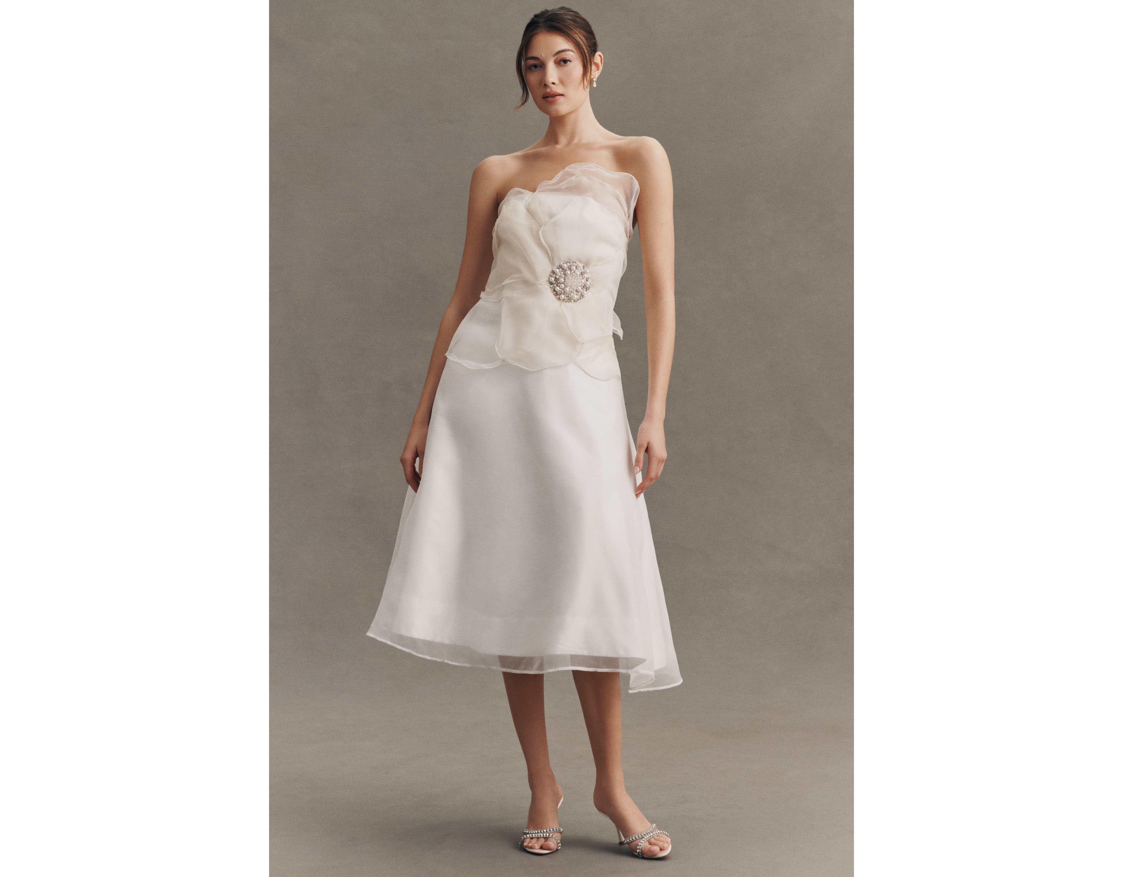 BHLDN Organza 3D Floral Appliqué Strapless Midi Dress