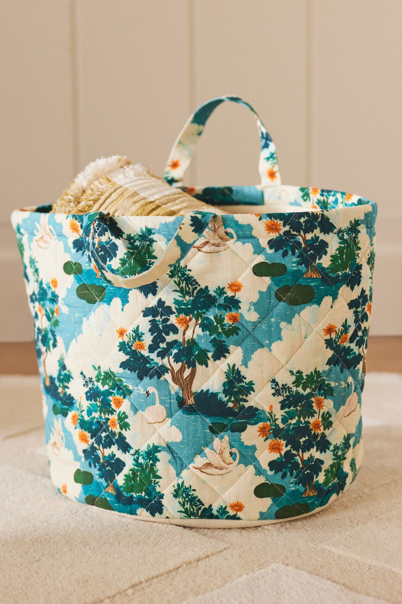 Quilted Block Print Basket - Swan, One Size