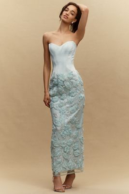 bridesmaid dresses by jordan Blue Floral Strapless A-line Long Bridesmaid Dress Blue / US 12