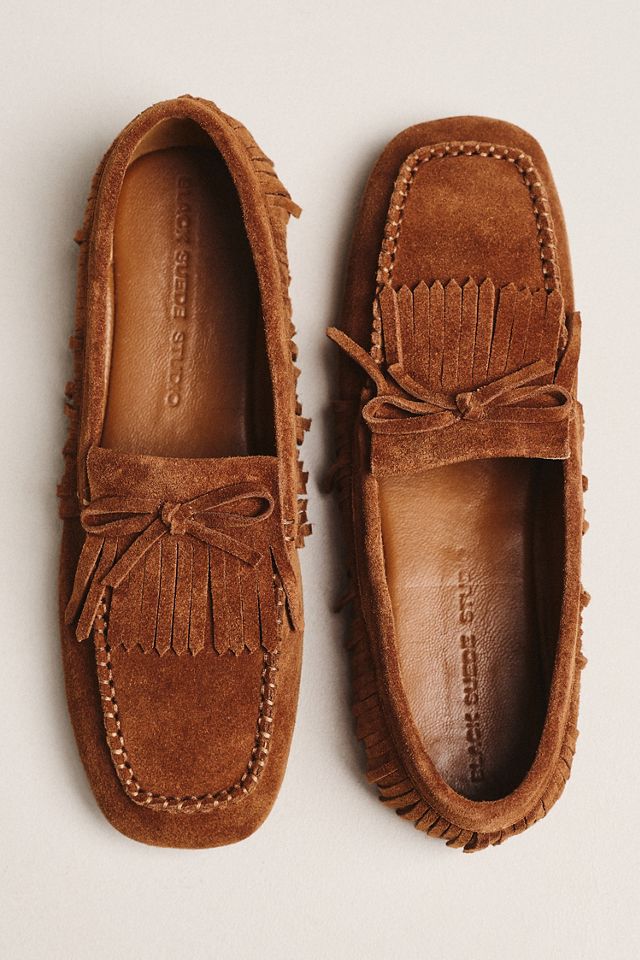 Black Suede Studio Yara Teddy Kiltie Loafers | Anthropologie