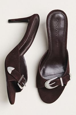 Black Suede Studio Elena Buckle Mule Heels