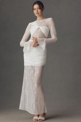 chinese dress ladies Arden White High-Neck Split Maxi Dress With Lace Sleeves – Club L London main image 1