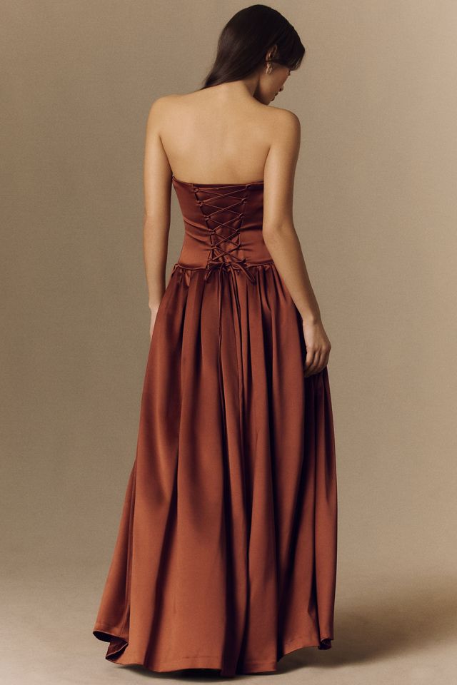 open lace back dress Red Strapless Ruched Mermaid Long Prom Dress with Slit TP1240 US12 / Custom Color main image 1