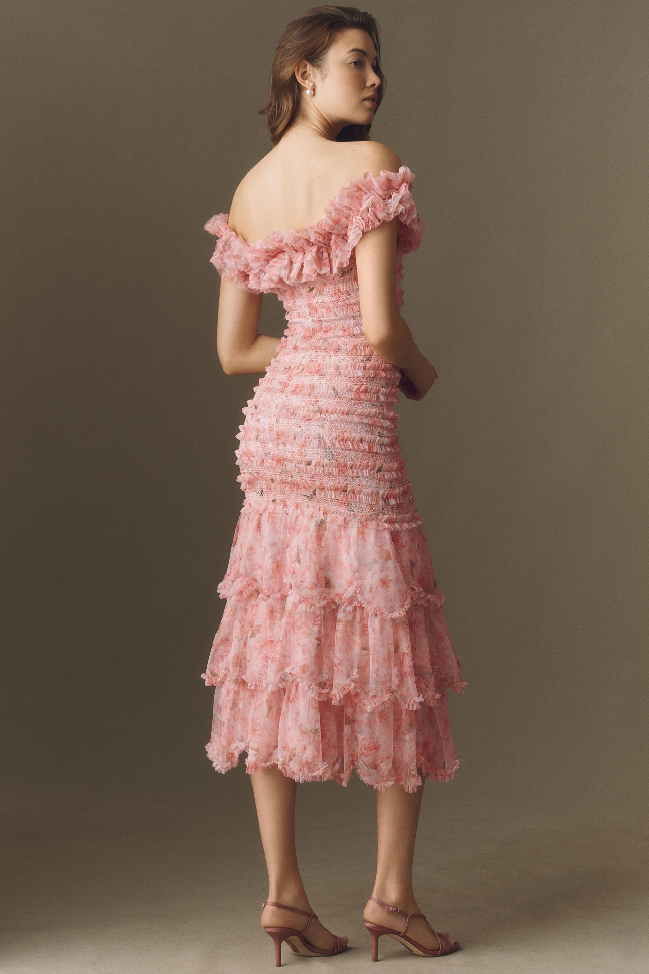 Mac Duggal Floral Off-Shoulder Ruffle Midi Dress
