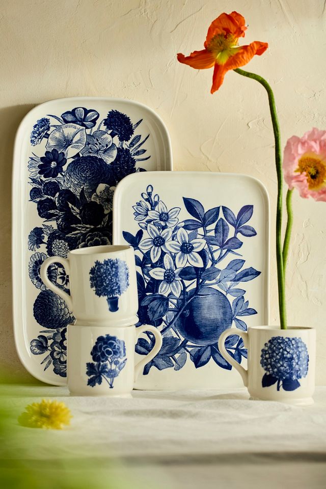 Blue Floral Stoneware Serving Platter, Small #2