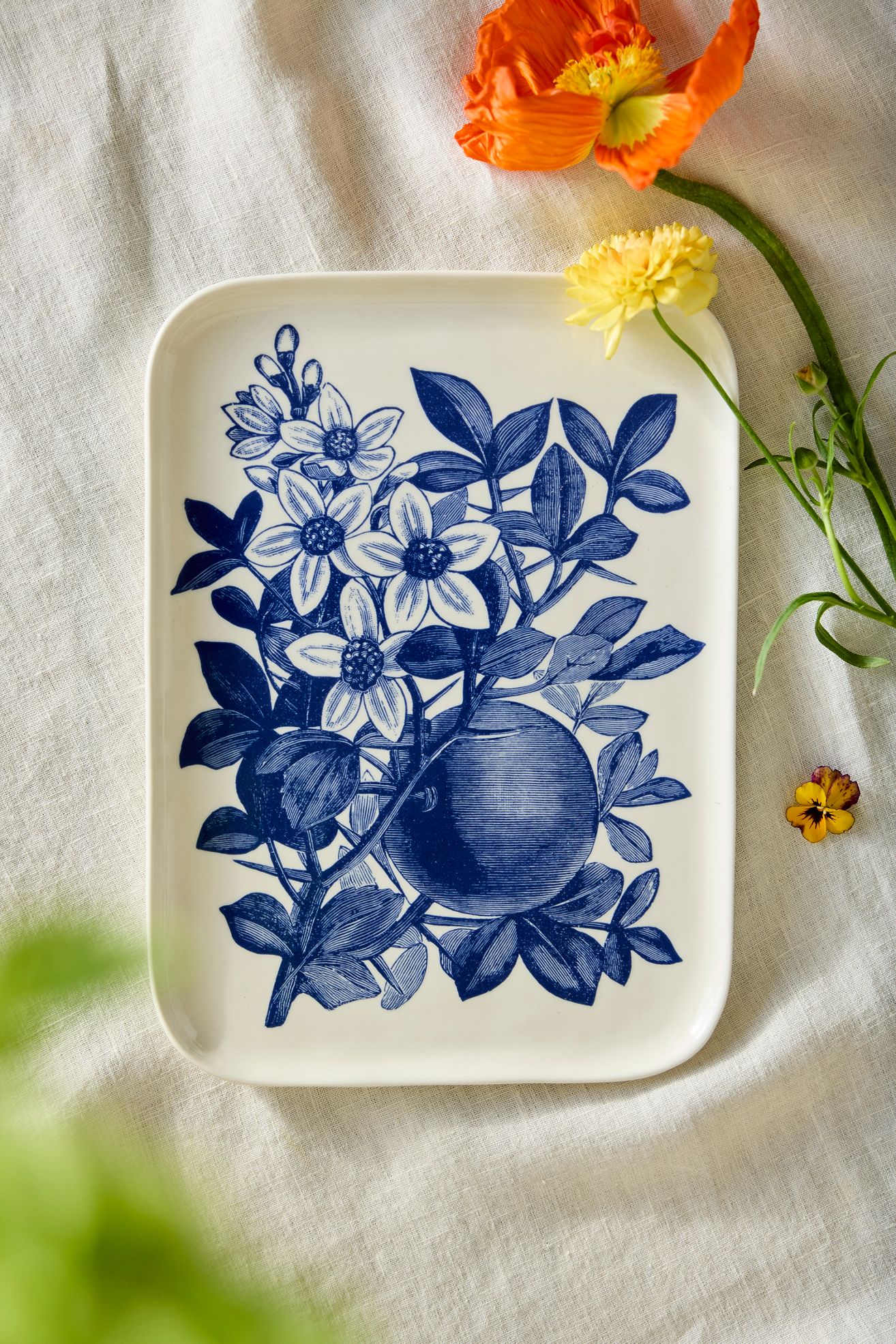 Blue Floral Stoneware Serving Platter, Small - Blue, S