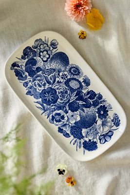 Blue Floral Stoneware Serving Platter, Medium