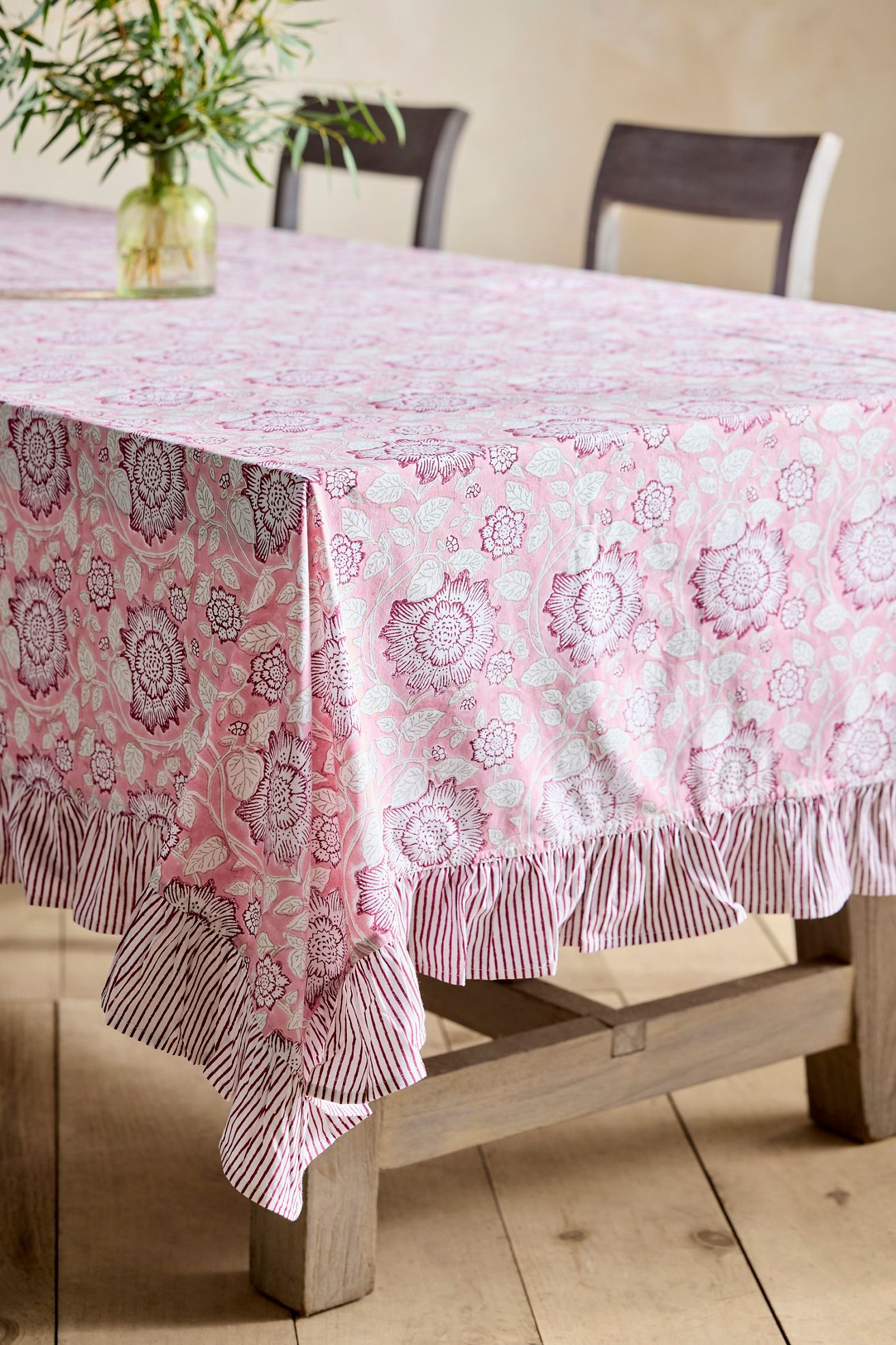 Ruffle Block Print Cotton Tablecloth - Pink, One Size