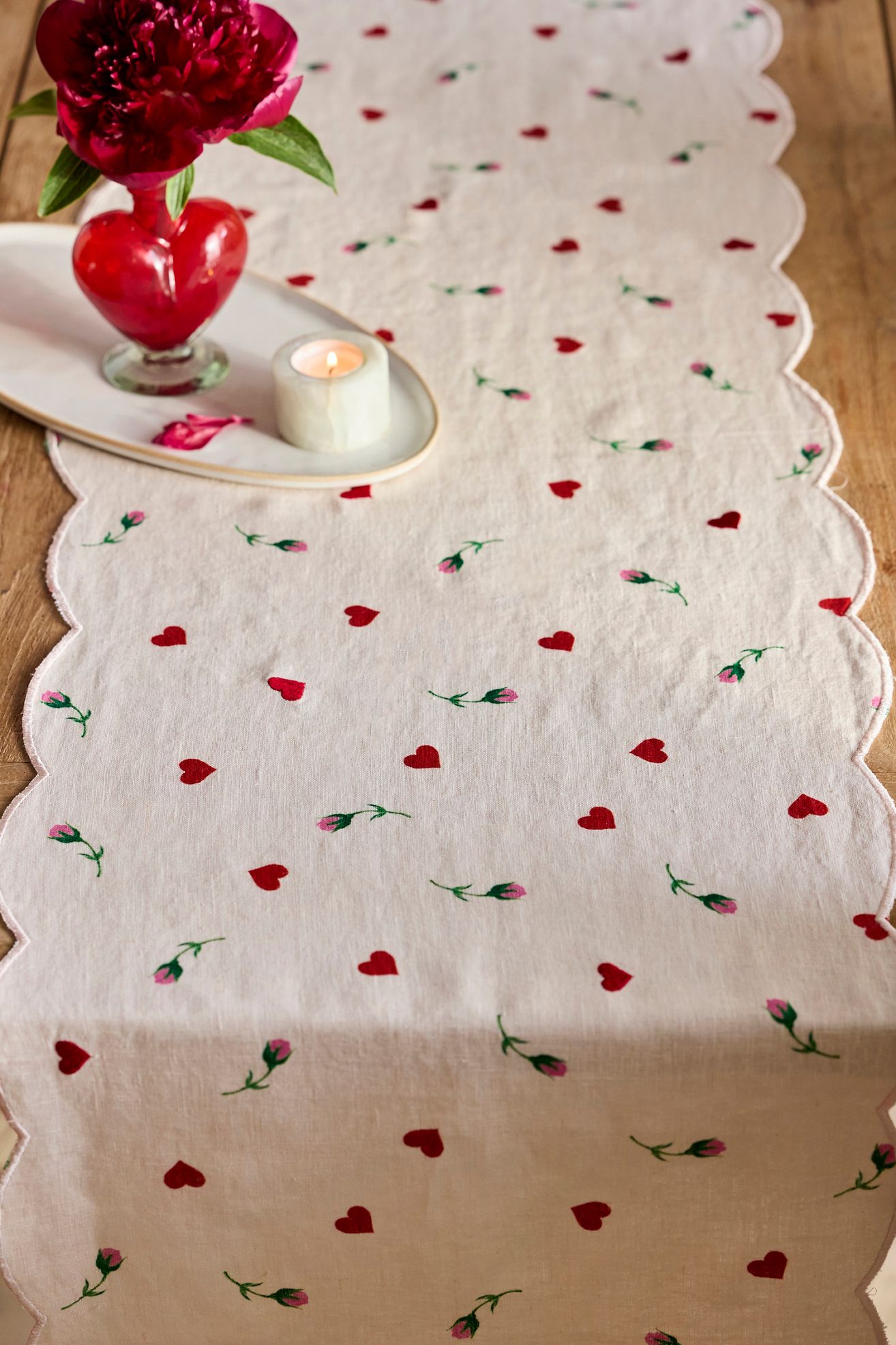 Ditsy Hearts + Flowers Embroidered Linen Runner - Peach, One Size