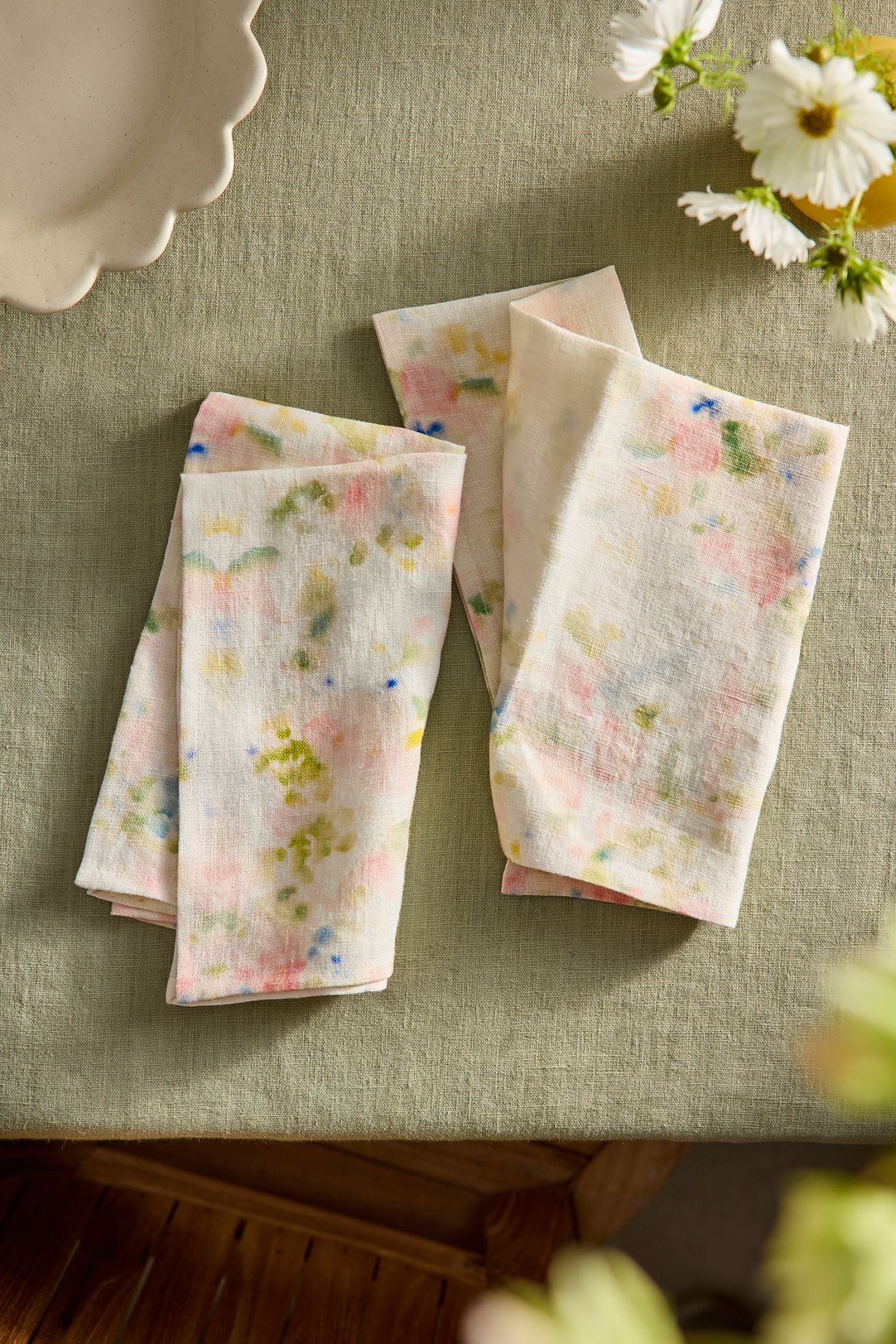 Watercolor Blooms Linen Napkins, Set of 2 - Pink, One Size