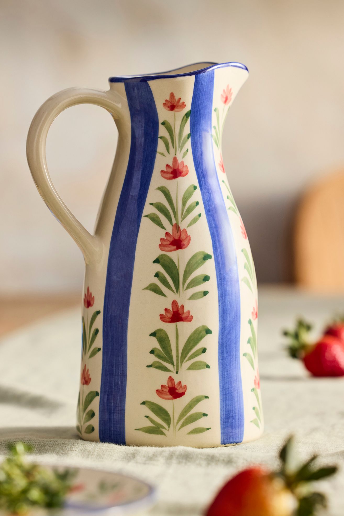 Floral Stripe Stoneware Pitcher - White, One Size