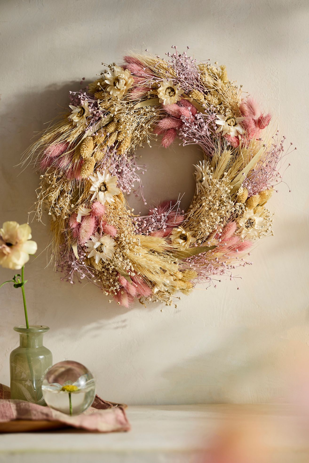 Dutch Field Mix Dried Wreath, Blush - Pink, 8"