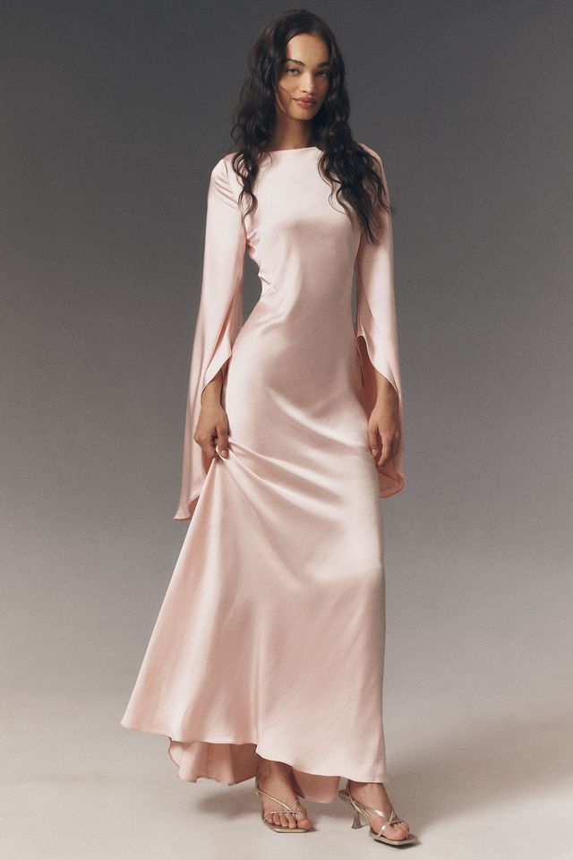 fitted lace wedding dress Claudia Long Sleeve Midi Dress in Pink| 3D Flower Detailing – Elliatt main image 1
