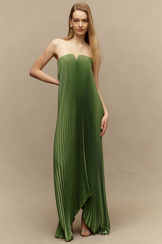 green black tie dress NWT Reformation Fallon Maxi Avocado Wedding Guest 8 line skirt flows effortlessly from the waist L'IDE Black Tie Strapless Gown