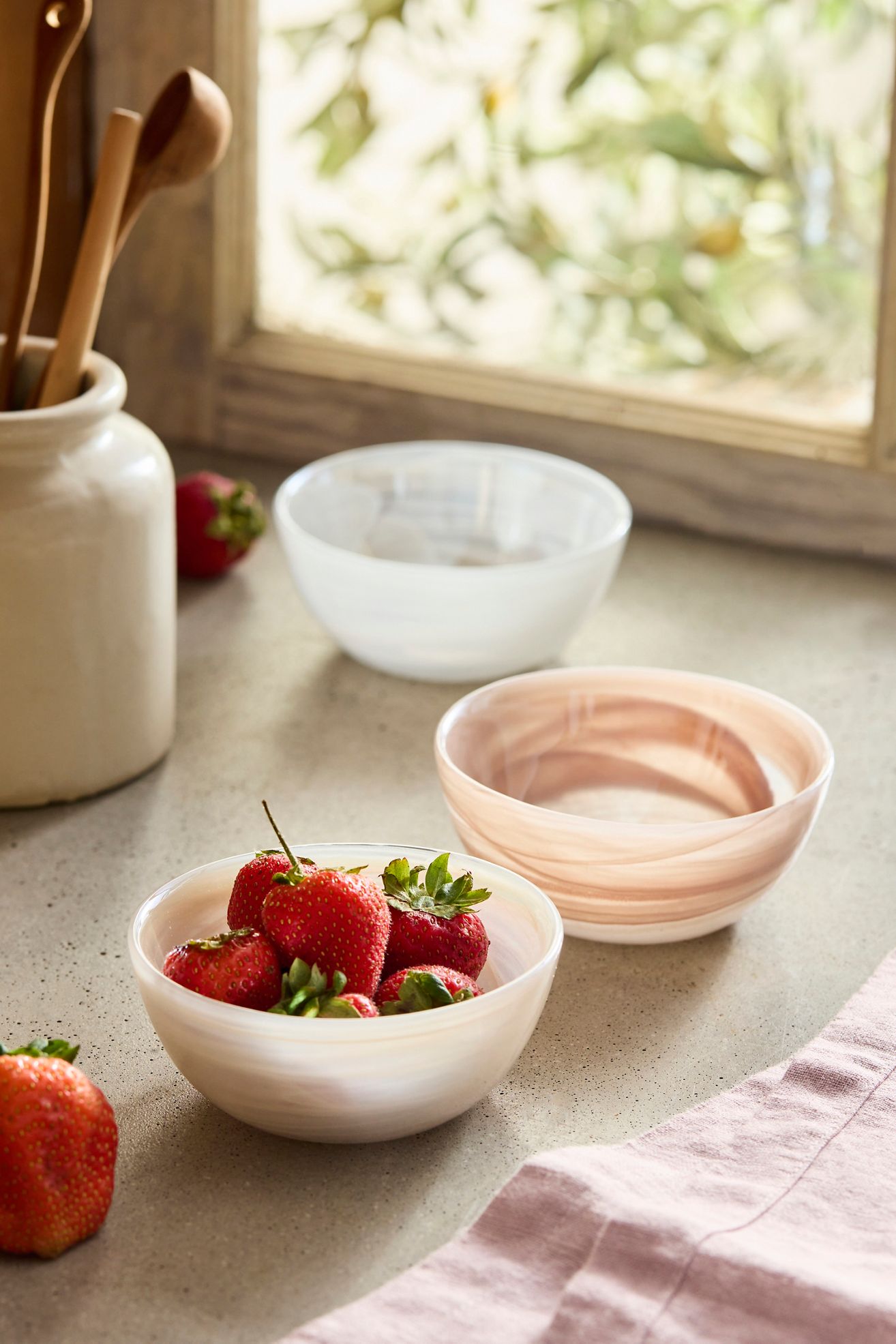 Iridescent Glass Snack Bowls, Set of 3 - Pink, One Size
