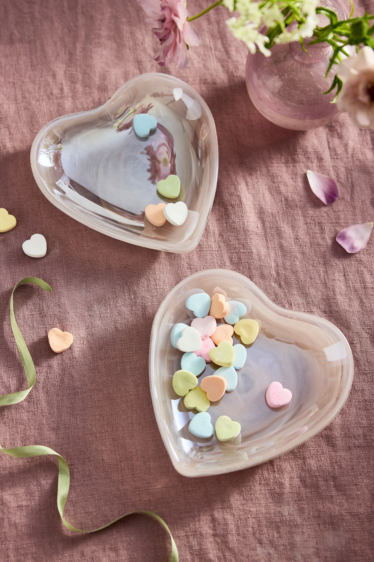 Iridescent Glass Heart Bowls, Set of 2 - Pink, One Size