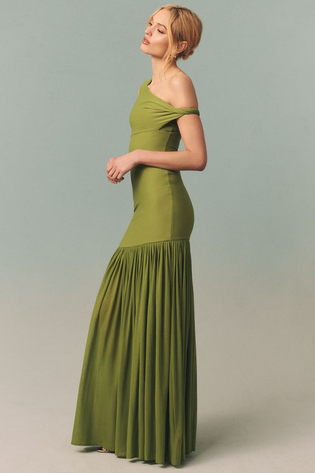 slim fit dress slacks NASIR GATHERED SCOOP NECK TENCEL FLOOR LENGTH DRESS IN CREAM | CULT MIA main image 1