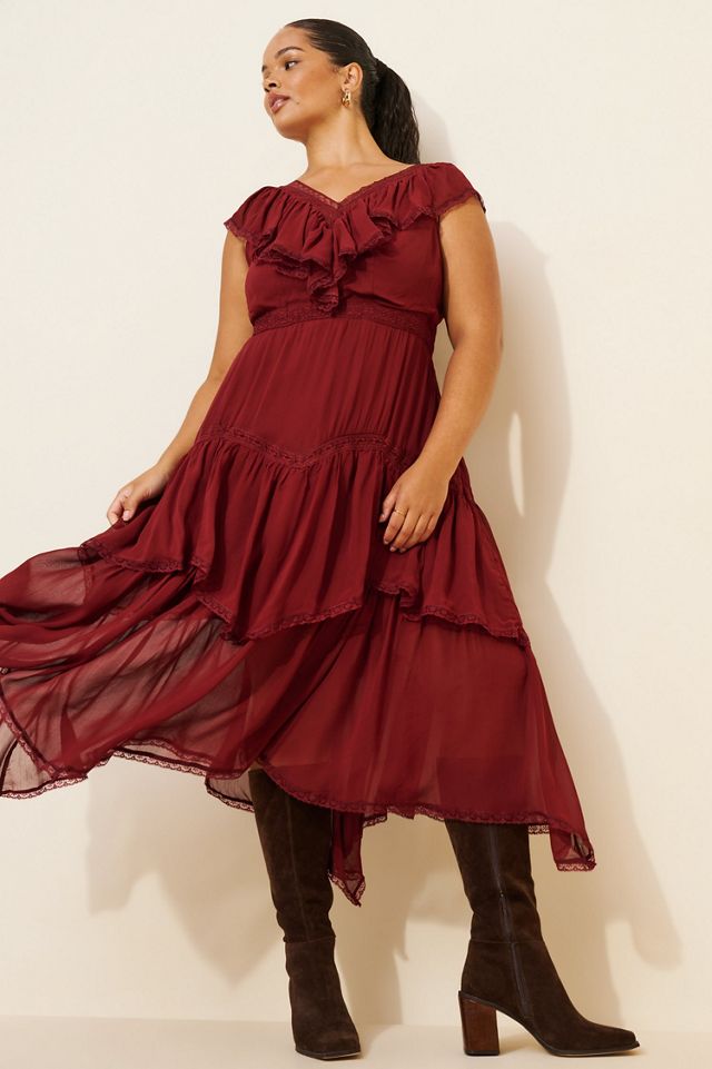 Short-Sleeve V-Neck Ruffle Midi Dress | Anthropologie
