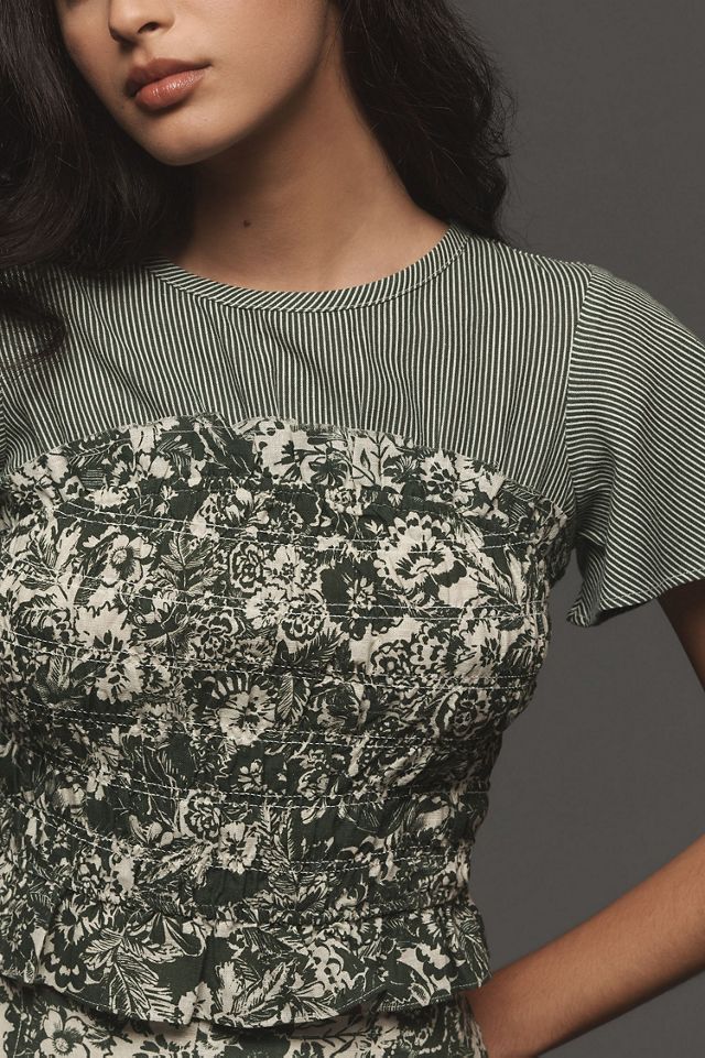 Short-Sleeve Smocked Linen Twofer Top #1